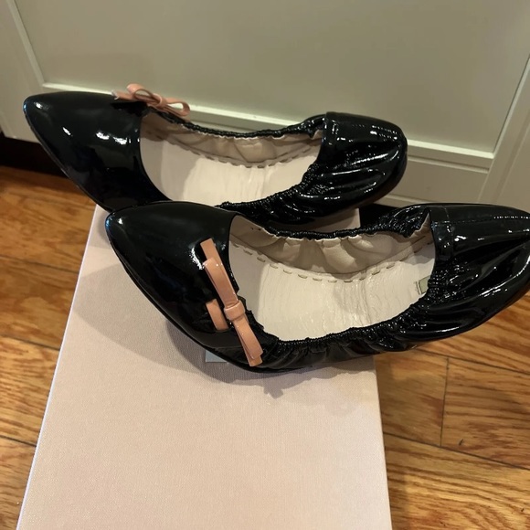 MIU MIU Vintage Womens 38 8 Pink Bow Black Leather Ballet Flats Slip On Shoes - Picture 5 of 6